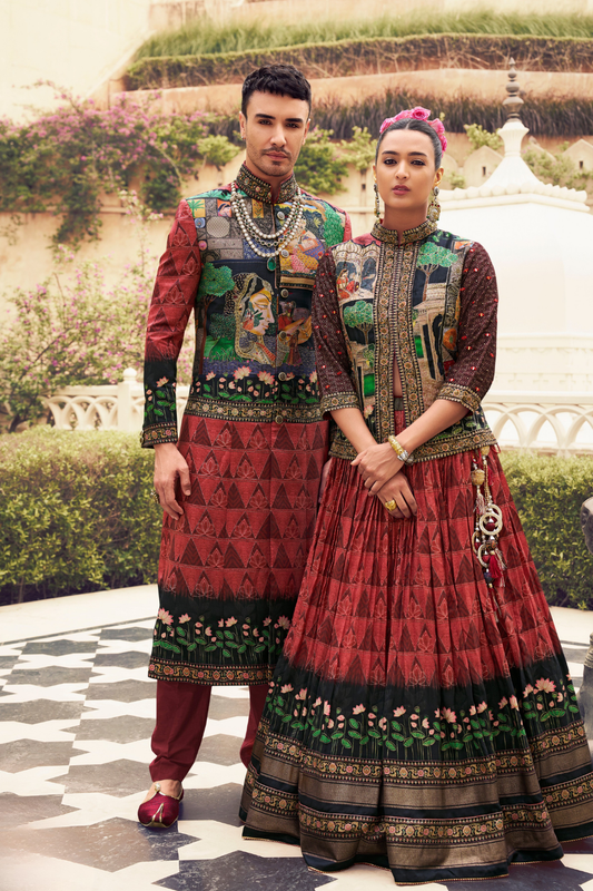 Ethnic Red Printed Skirt & Kurta Jacket Set for Couple