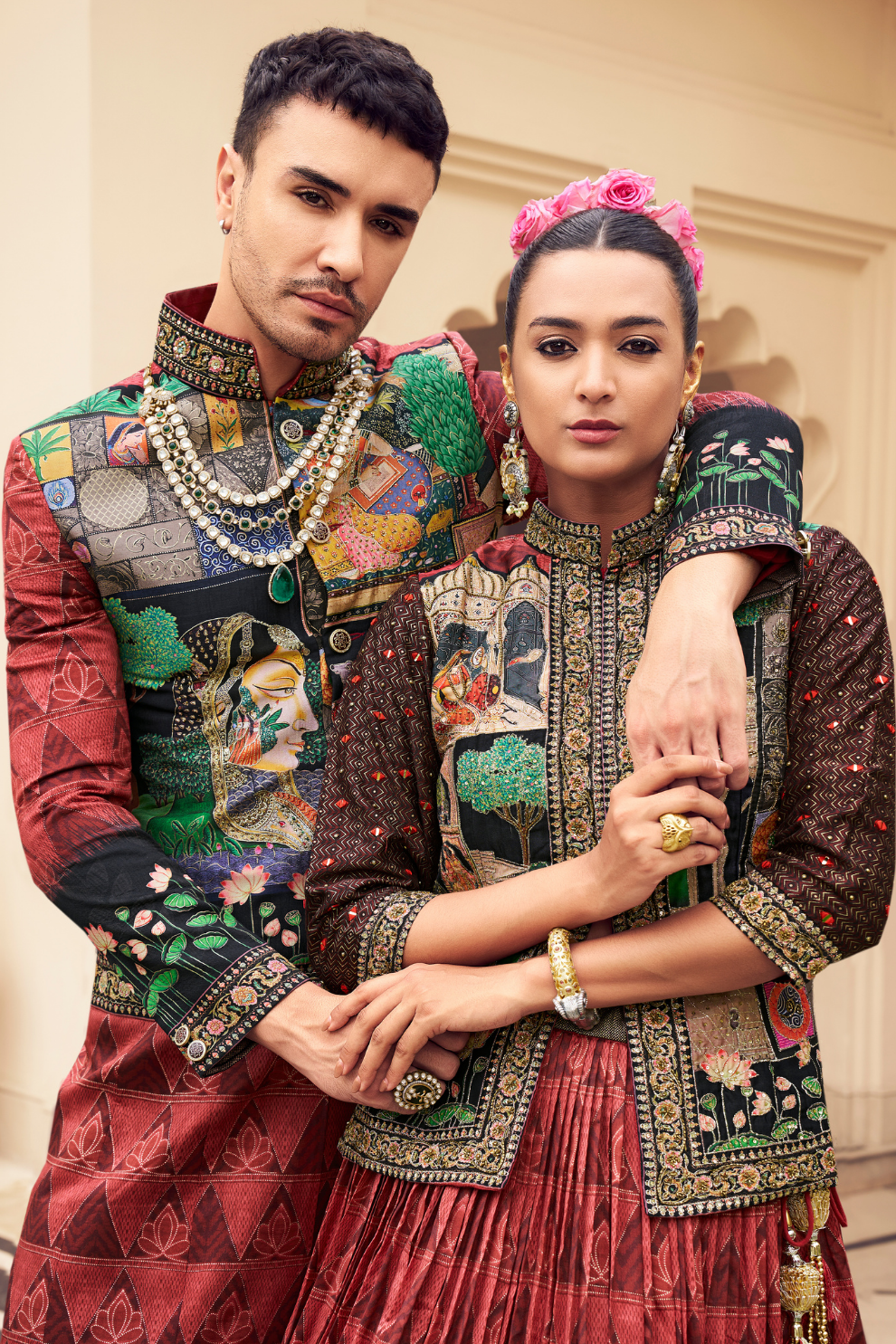 Ethnic Red Printed Skirt & Kurta Jacket Set for Couple