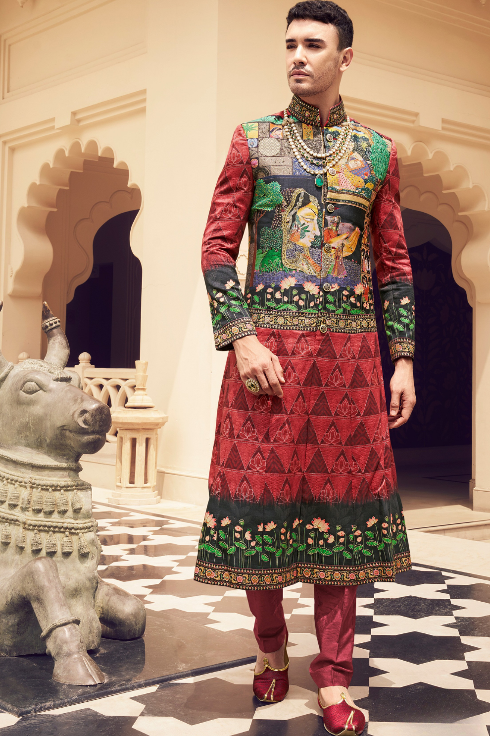 Ethnic Red Printed Skirt & Kurta Jacket Set for Couple