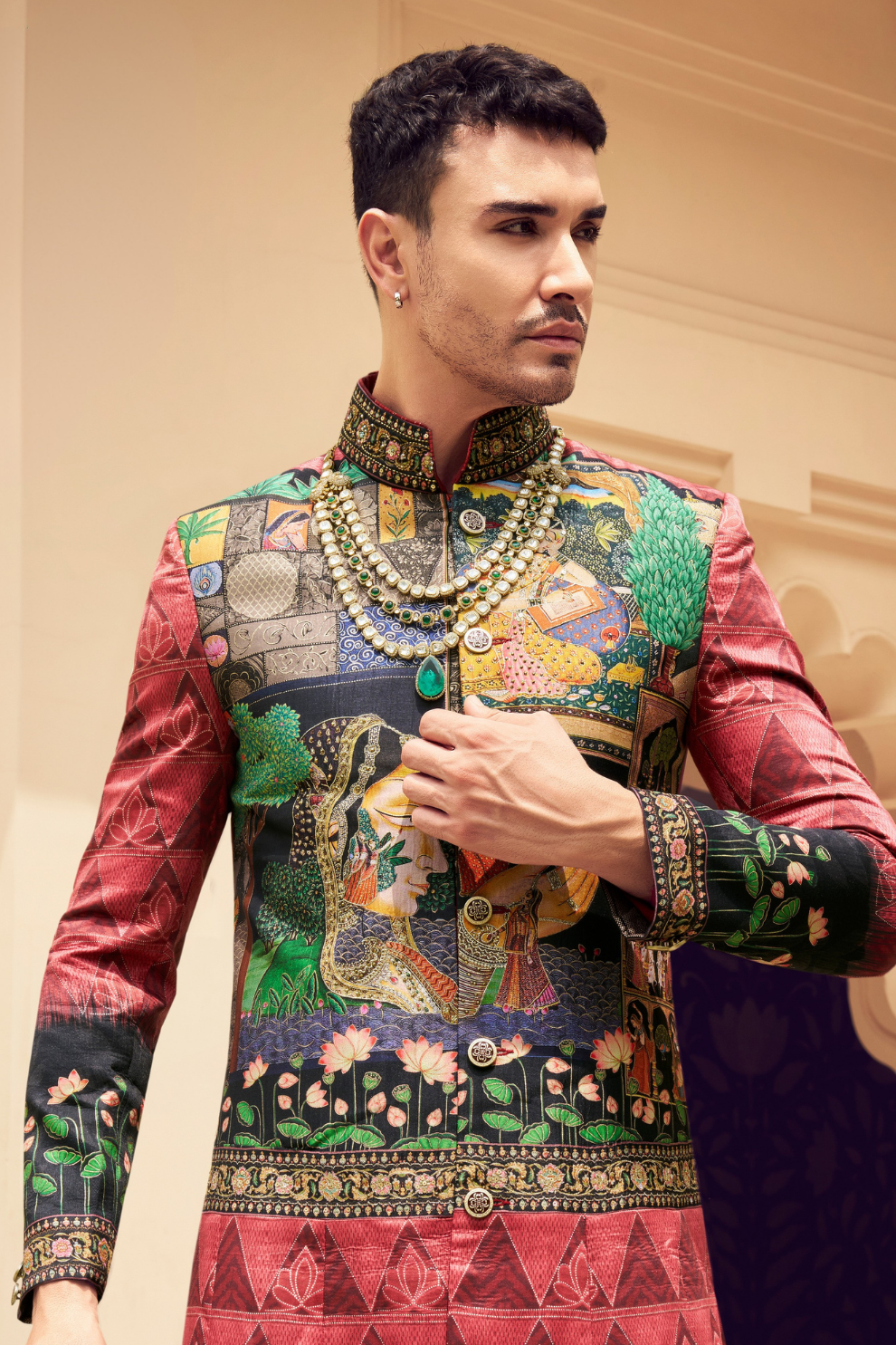 Ethnic Red Printed Skirt & Kurta Jacket Set for Couple