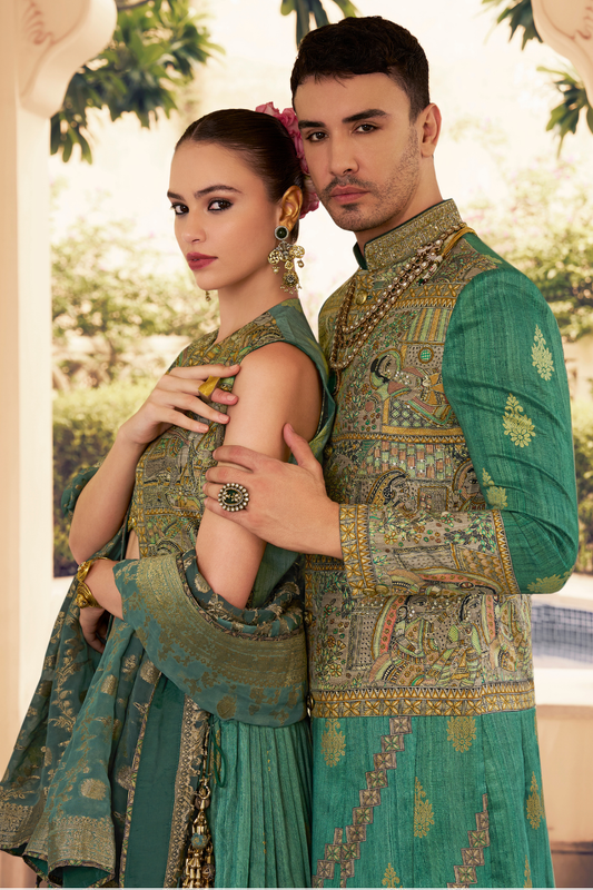Ethnic Green Printed Skirt & Kurta Jacket Set for Couple