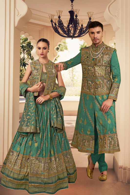 Ethnic Green Printed Skirt & Kurta Jacket Set for Couple