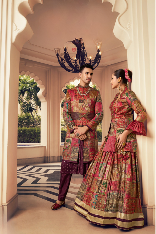 Ethnic Maroon Printed Skirt & Kurta Jacket Set for Couple