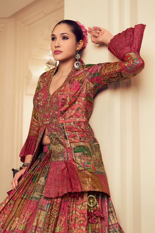 Ethnic Maroon Printed Skirt & Kurta Jacket Set for Couple