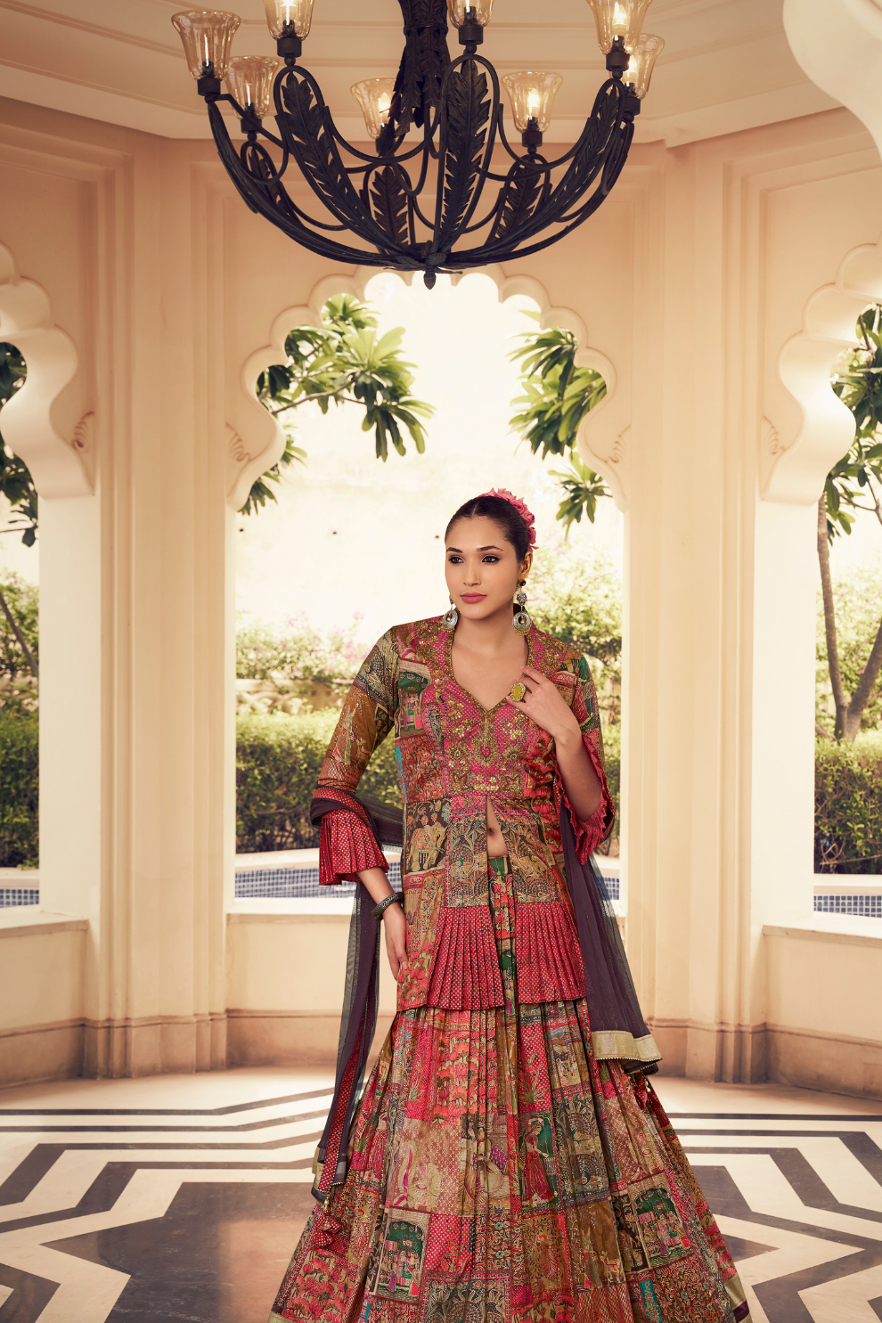 Ethnic Maroon Printed Skirt & Kurta Jacket Set for Couple