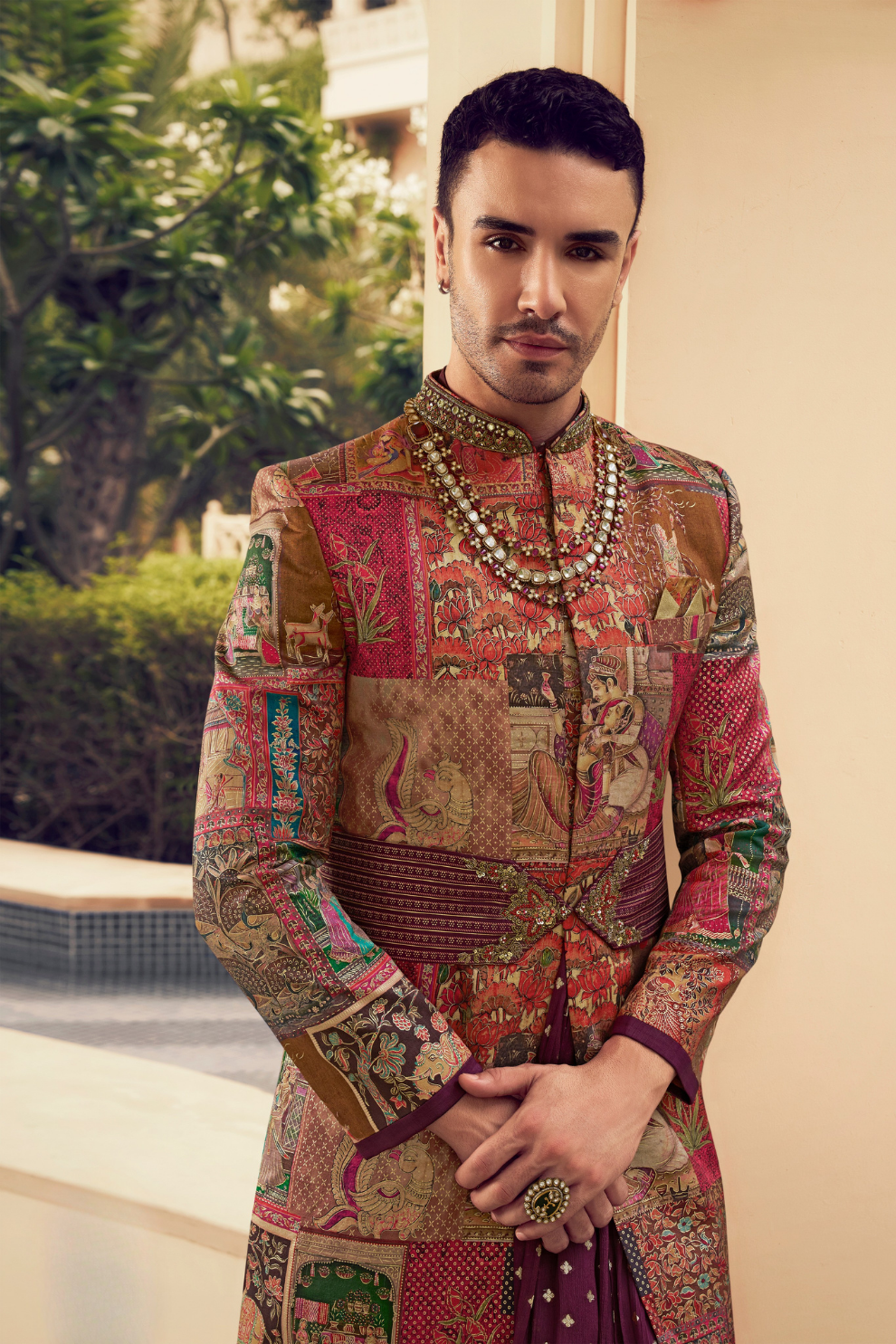 Ethnic Maroon Printed Skirt & Kurta Jacket Set for Couple