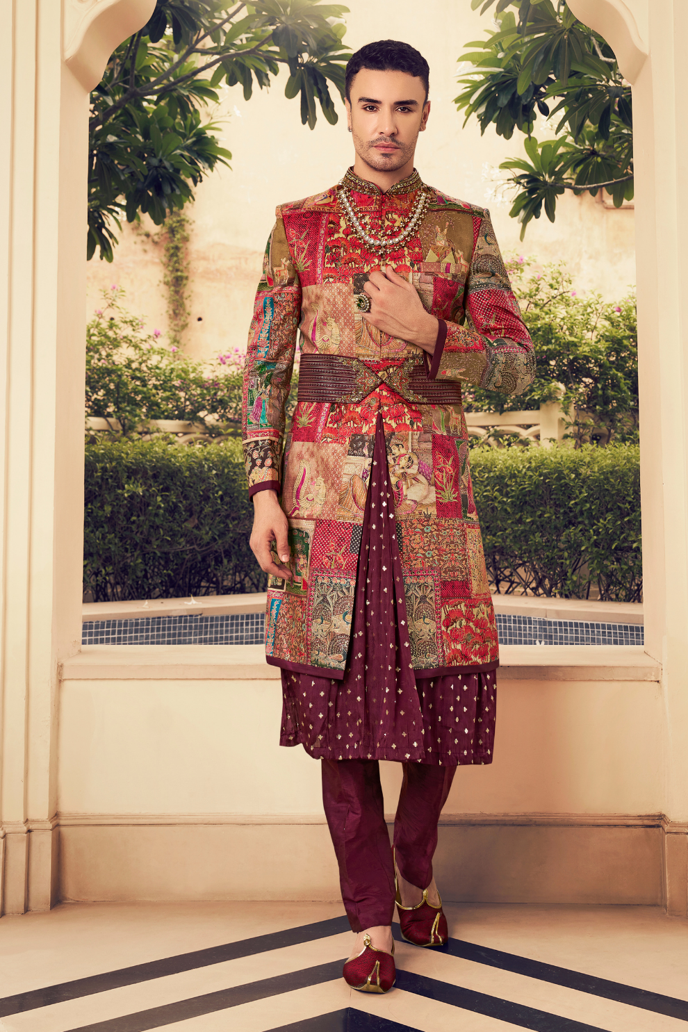 Ethnic Maroon Printed Skirt & Kurta Jacket Set for Couple
