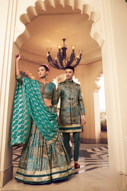Ethnic Blue Printed Skirt & Kurta Jacket Set for Couple