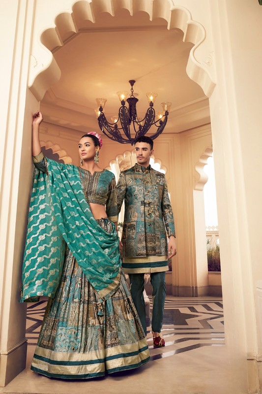 Ethnic Blue Printed Skirt & Kurta Jacket Set for Couple