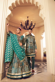 Ethnic Blue Printed Skirt & Kurta Jacket Set for Couple