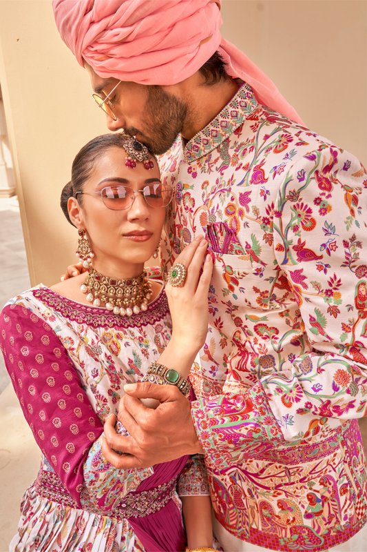 Elegant White Floral Anarkali Dress & Men's Kurta-Coat Set – Couple Outfit