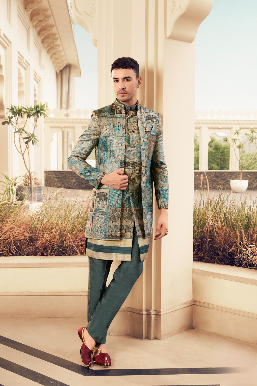 Ethnic Blue Printed Skirt & Kurta Jacket Set for Couple