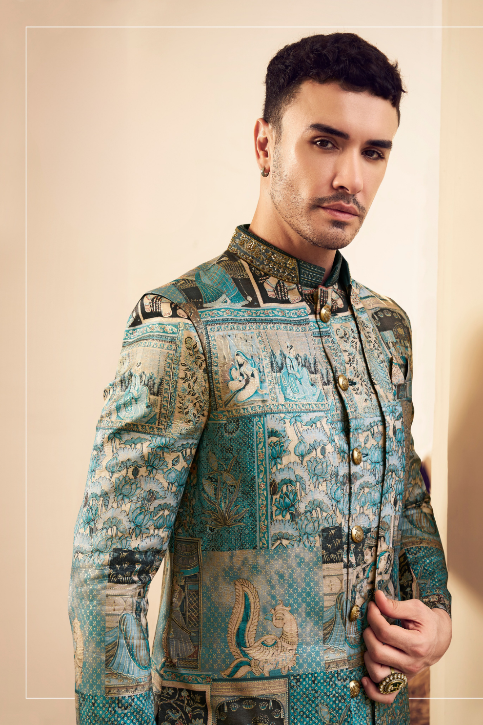 Ethnic Blue Printed Skirt & Kurta Jacket Set for Couple
