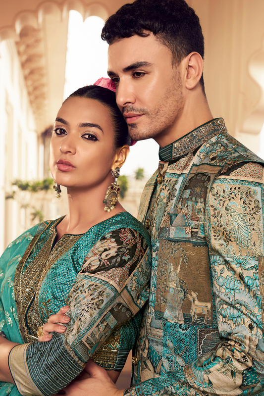 Ethnic Blue Printed Skirt & Kurta Jacket Set for Couple