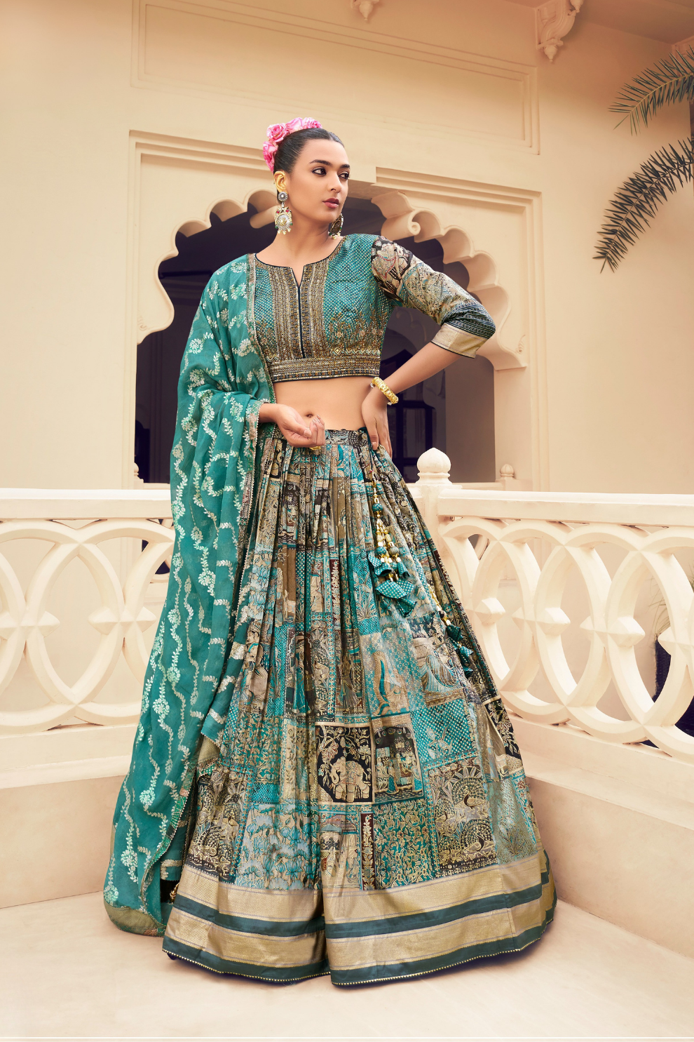 Ethnic Blue Printed Skirt & Kurta Jacket Set for Couple