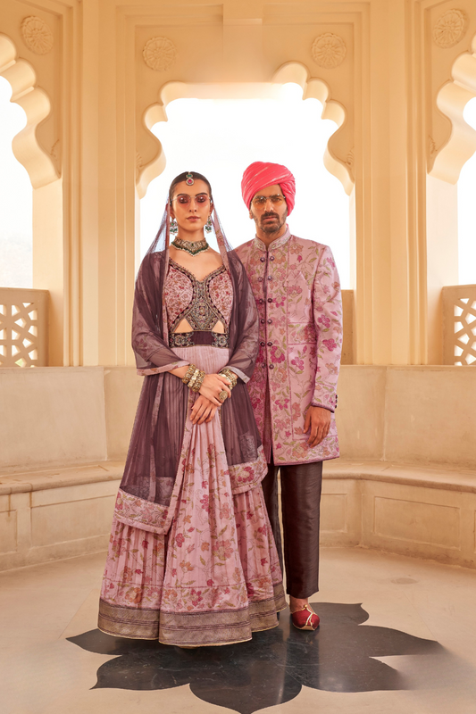 Peach Floral Printed Anarkali Dress & Men's Kurta-Coat Set – Couple Outfit