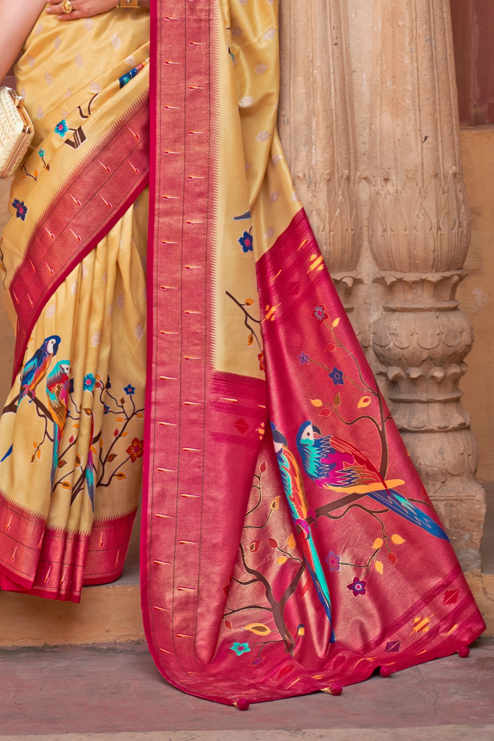 Banarasi Silk Blend Saree Featuring Grey Peacock Design