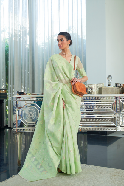Classic Lucknowi Saree with Elegant Chikankari Silk Weaving Touch