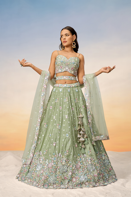 Chiffon Sequins And Thread Embroidery Lehenga Choli Dupatta