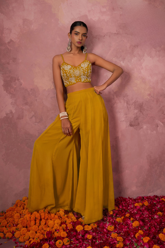 Yellow Georgette Indo-Western Cape Set with Khatli Work