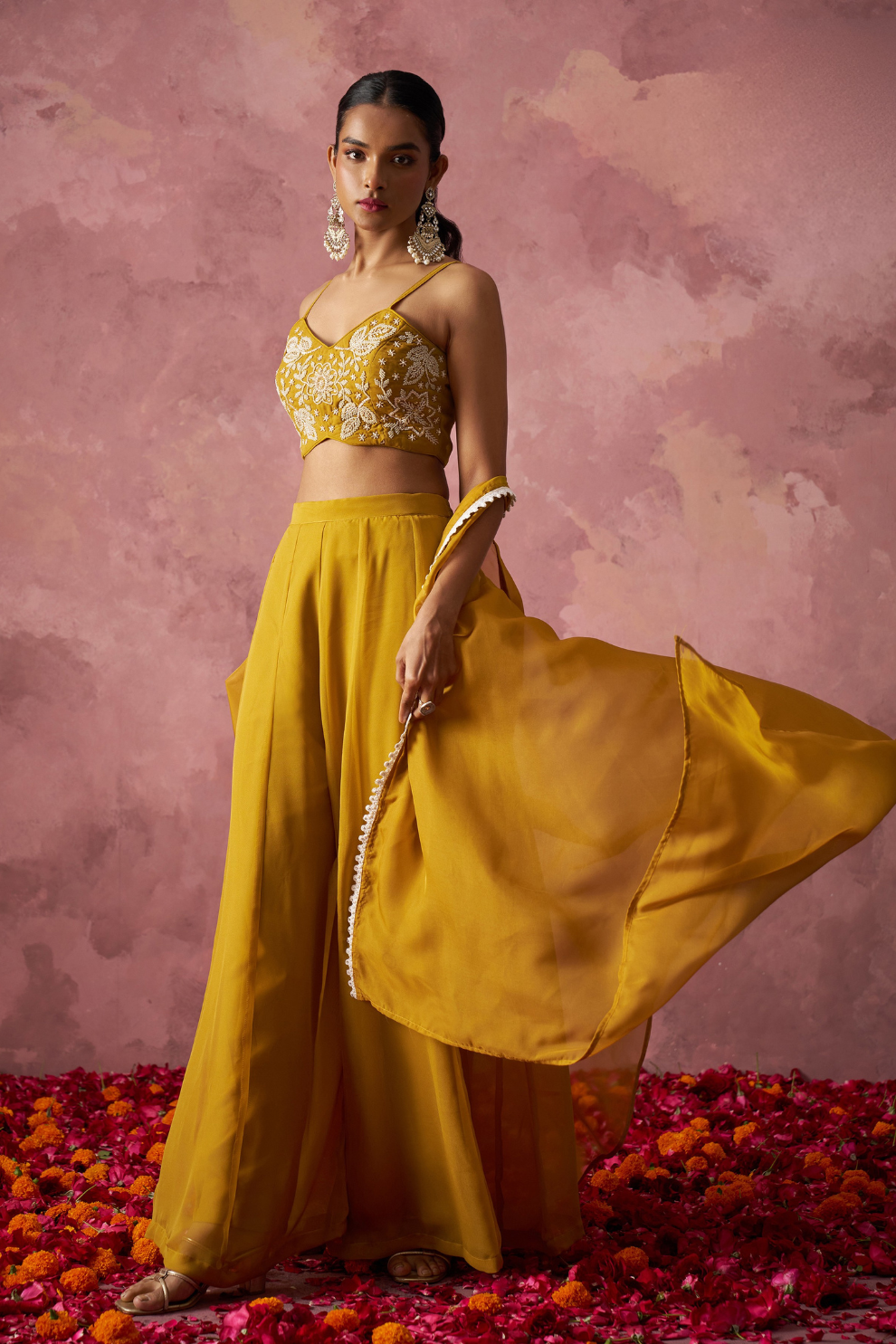 Yellow Georgette Indo-Western Cape Set with Khatli Work