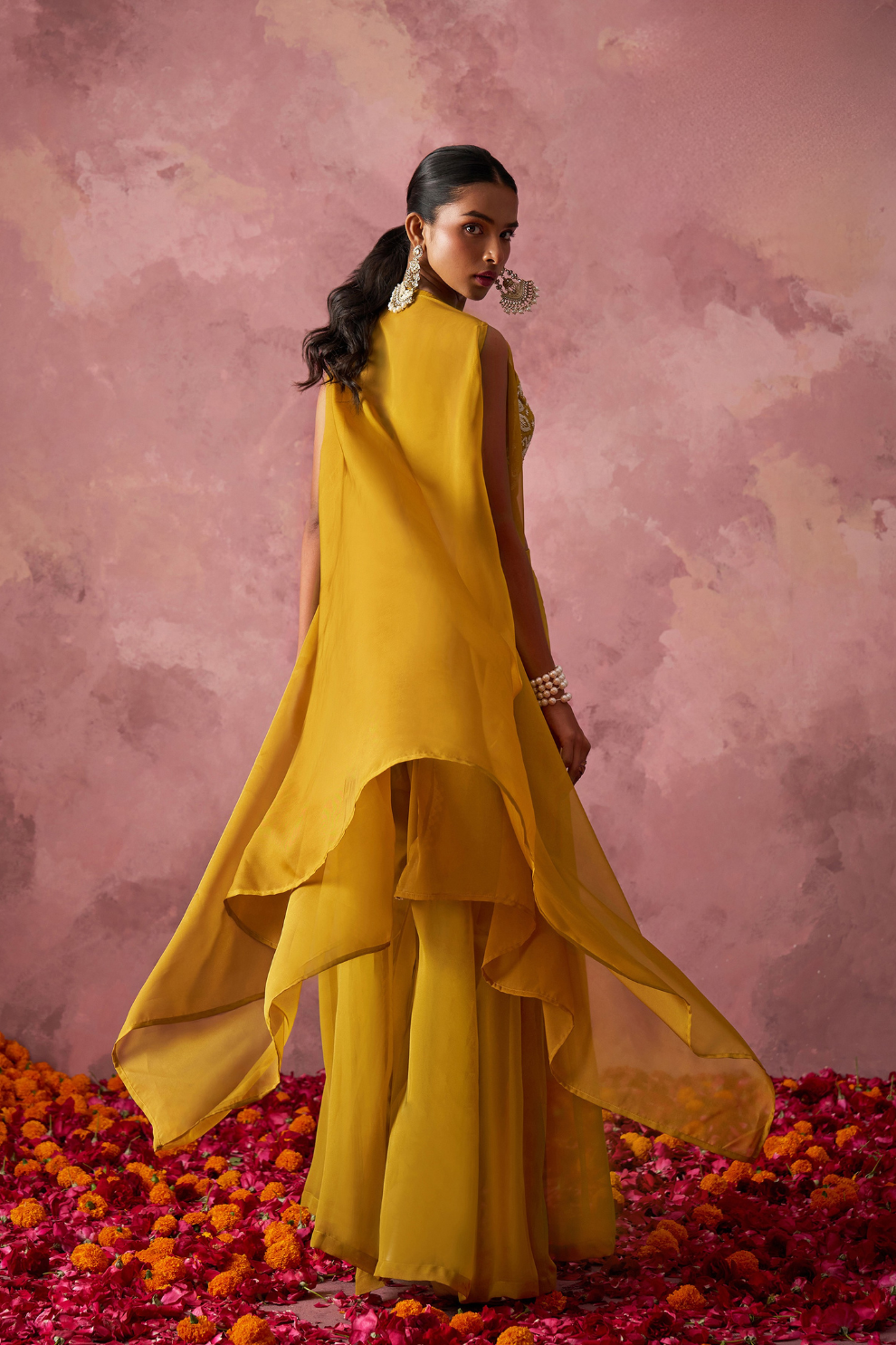 Yellow Georgette Indo-Western Cape Set with Khatli Work