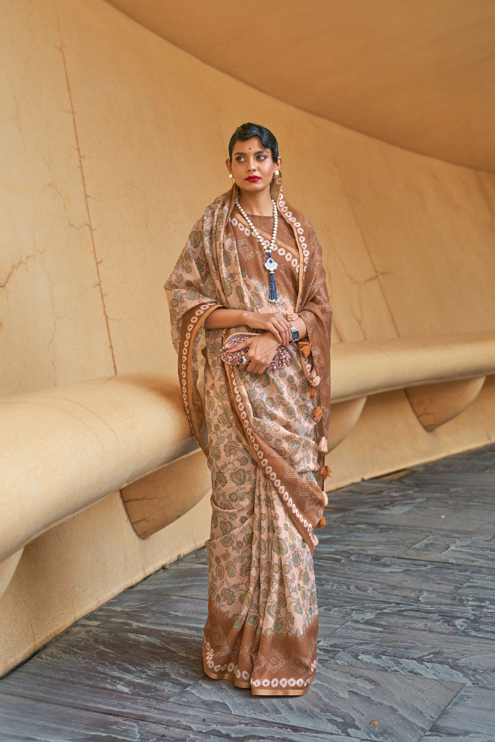 Printed Silk Blend Saree with Artistic Traditional Motifs