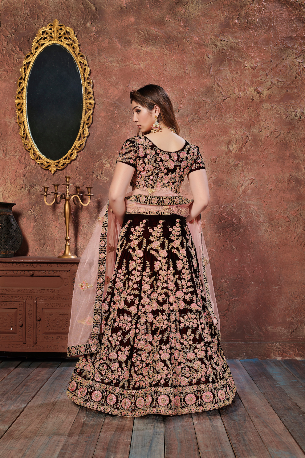 Elegant Maroon Embroidered Velvet Lehenga Choli and Dupatta