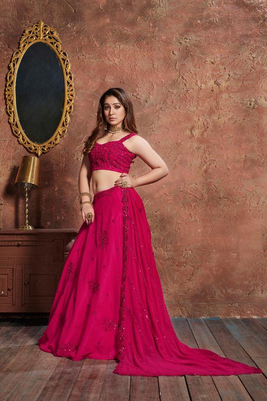 Elegant Rani Pink Embroidered Georgette Lehenga Set Design