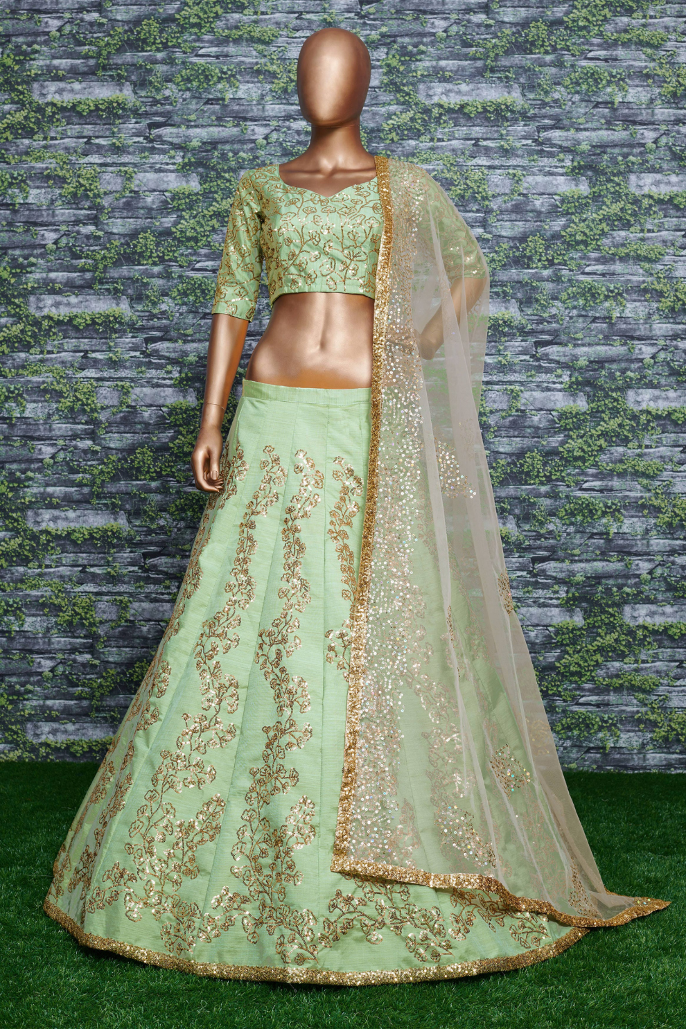 Pista Green Sequins Embellished Art Silk Lehenga Choli