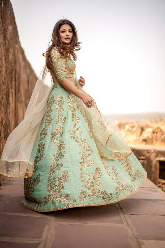 Pista Green Sequins Embellished Art Silk Lehenga Choli