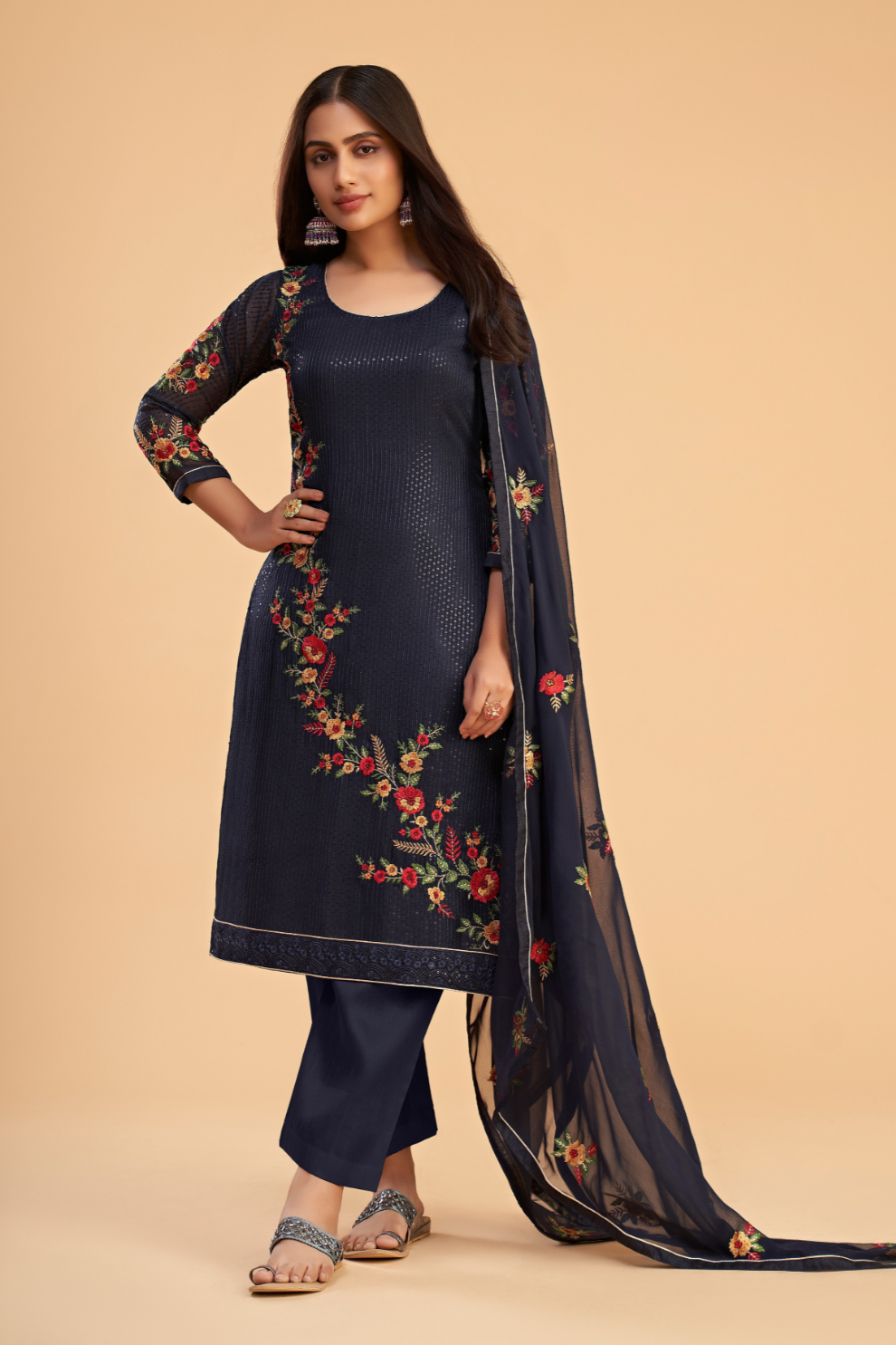 Designer Embroidered Pant Suit in Flowing Georgette