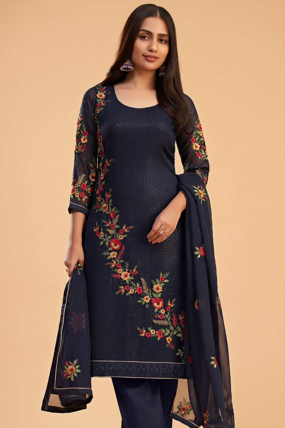 Designer Embroidered Pant Suit in Flowing Georgette