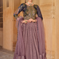 Elegant Purple Silk Gown with Delicate Thread Embroidery