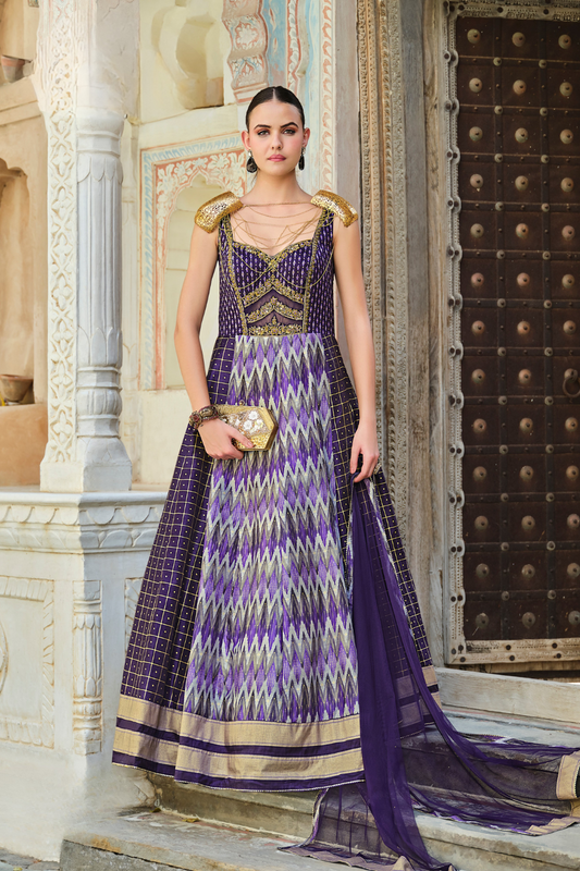 Purple Foil Printed Silk Embroidered Festive Anarkali Gown