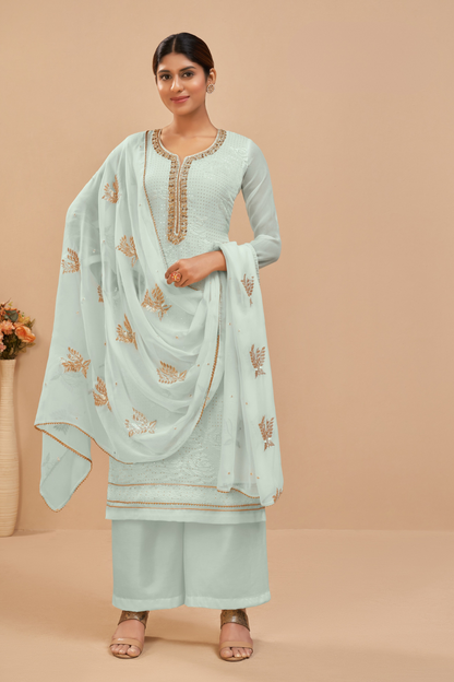 Light Blue Embroidered Georgette Semi-Stitched Suit Set