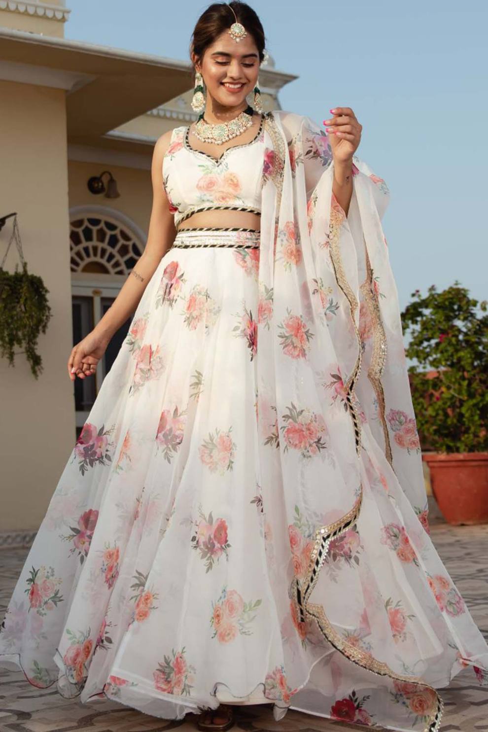 Delicate Floral Print Organza Lehenga Choli in Flared Style