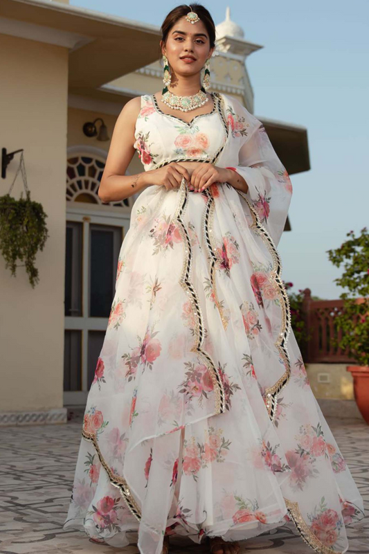 Delicate Floral Print Organza Lehenga Choli in Flared Style