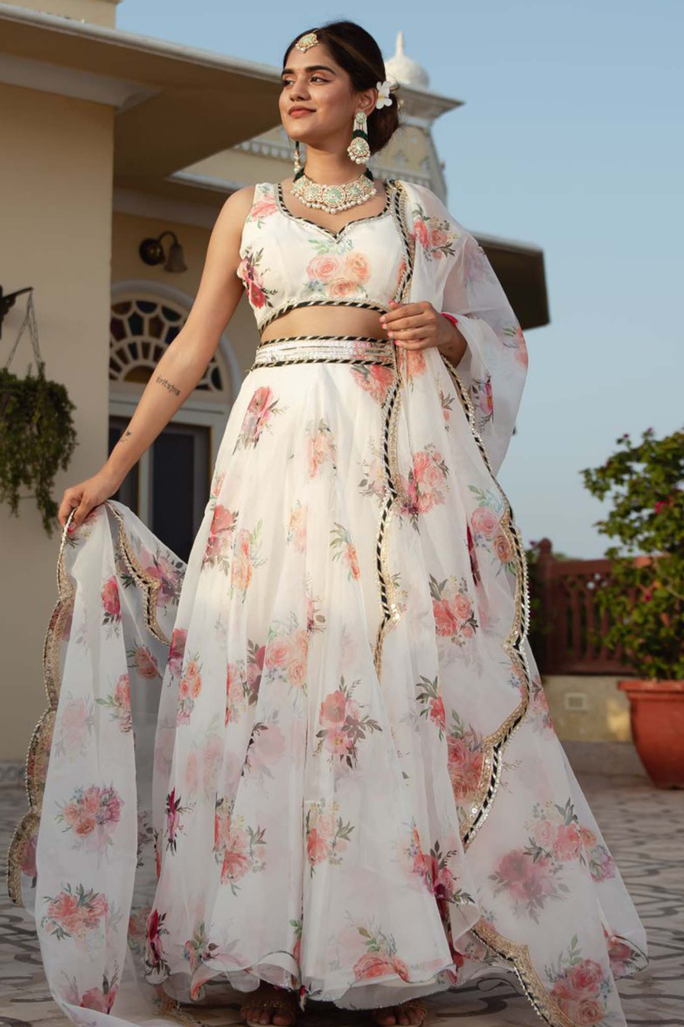 Delicate Floral Print Organza Lehenga Choli in Flared Style