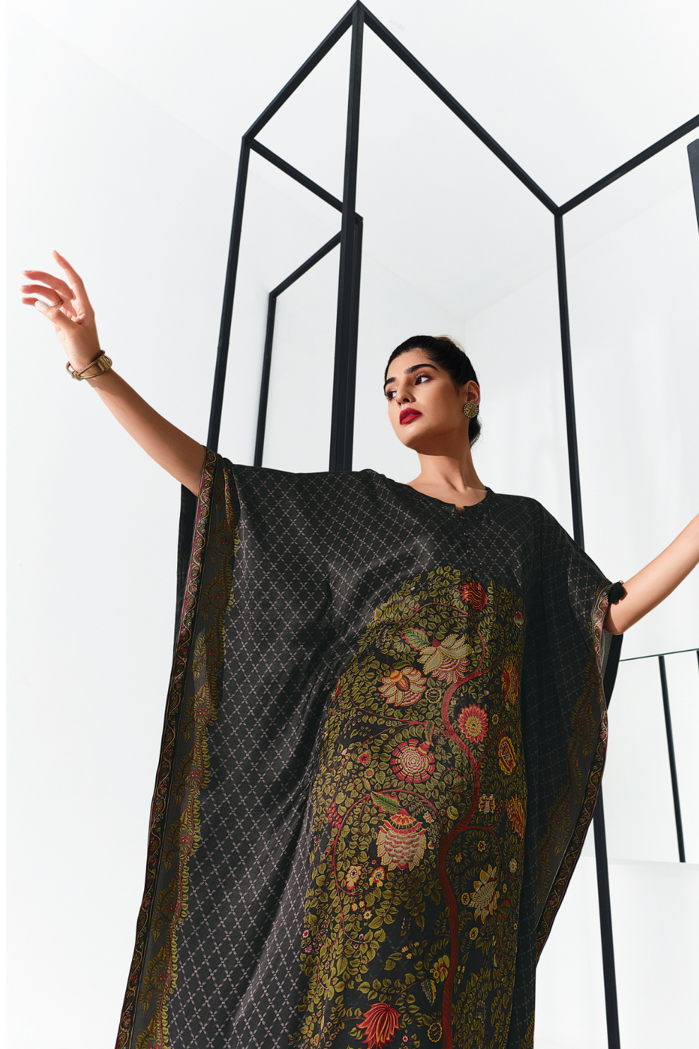 Gaji Silk Printed Kaftan Top Paired with Cotton Bottom