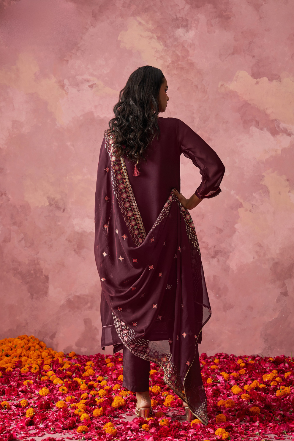 Indo-Western Wine-Colored Straight Kurta Set with Intricate Embroidery