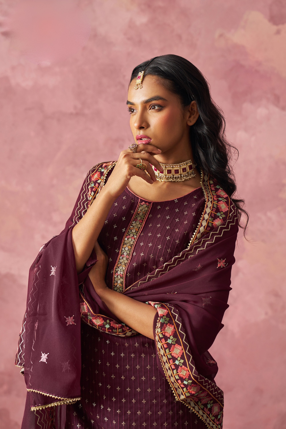 Indo-Western Wine-Colored Straight Kurta Set with Intricate Embroidery