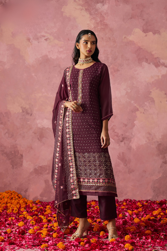 Indo-Western Wine-Colored Straight Kurta Set with Intricate Embroidery