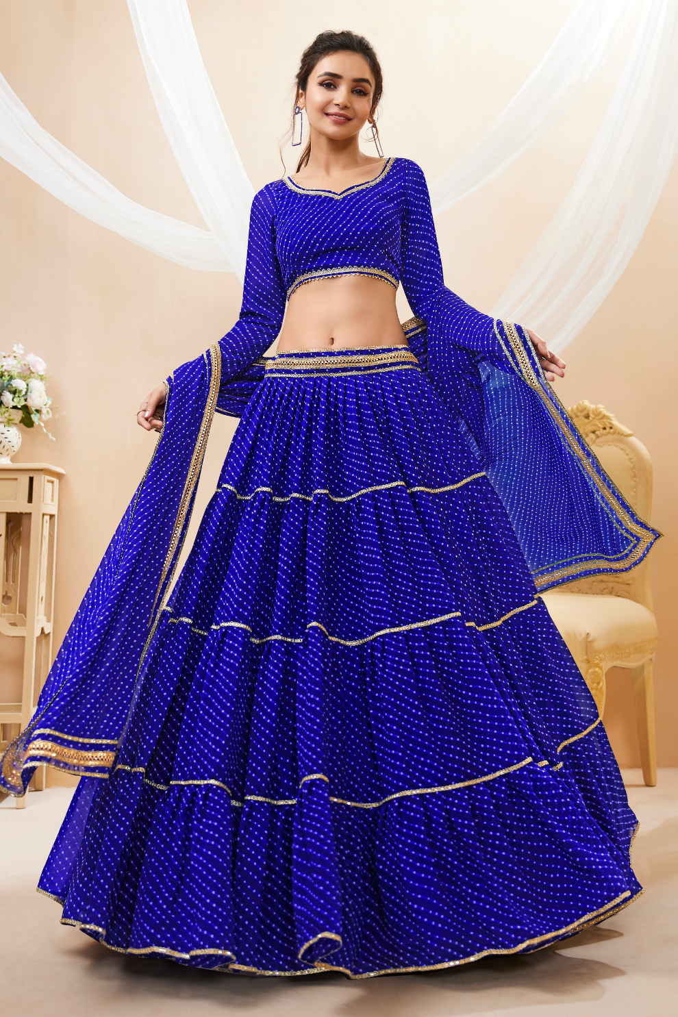 Ethnic Georgette Lehenga Featuring Leheriya Print & Lace Detailing