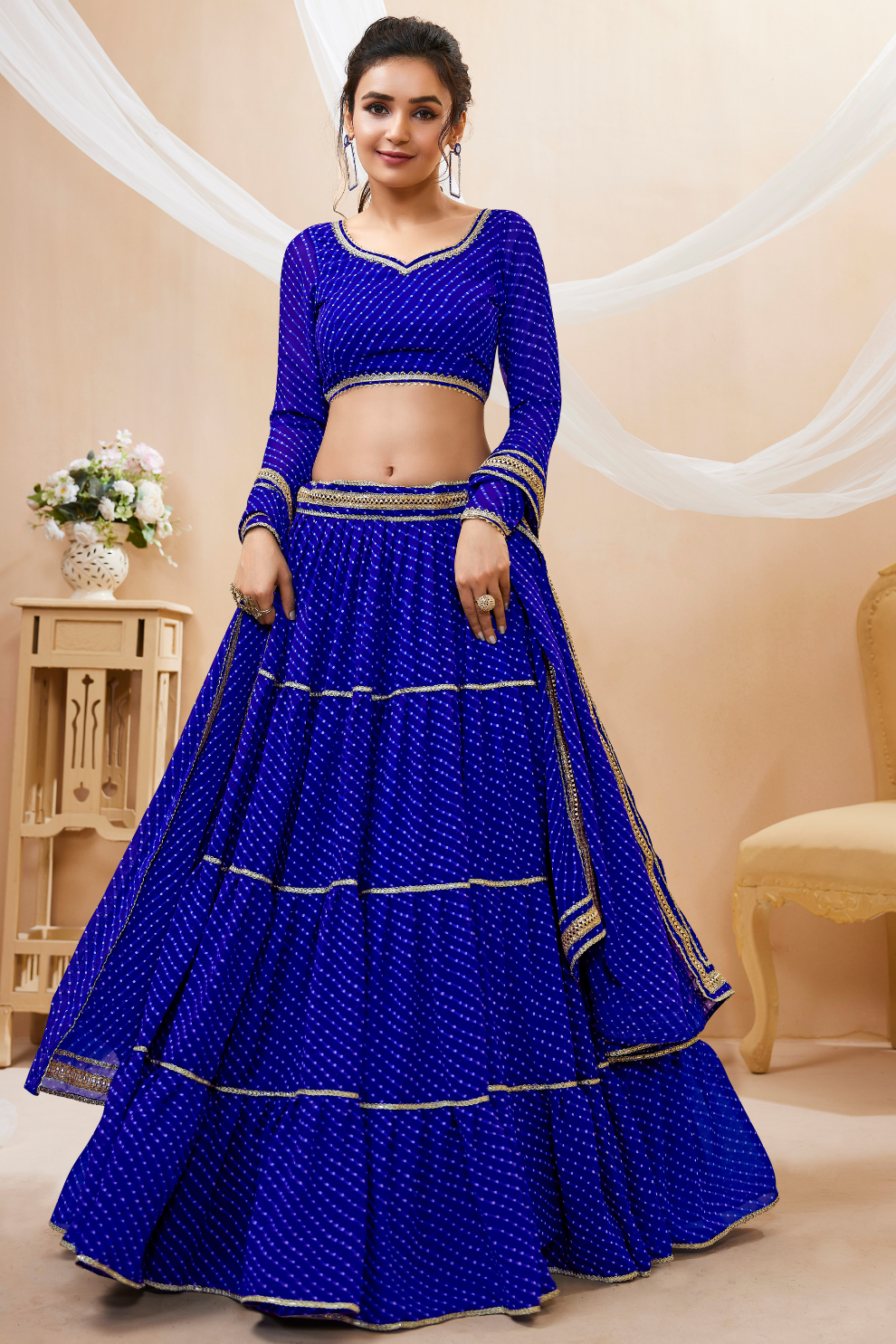 Ethnic Georgette Lehenga Featuring Leheriya Print & Lace Detailing