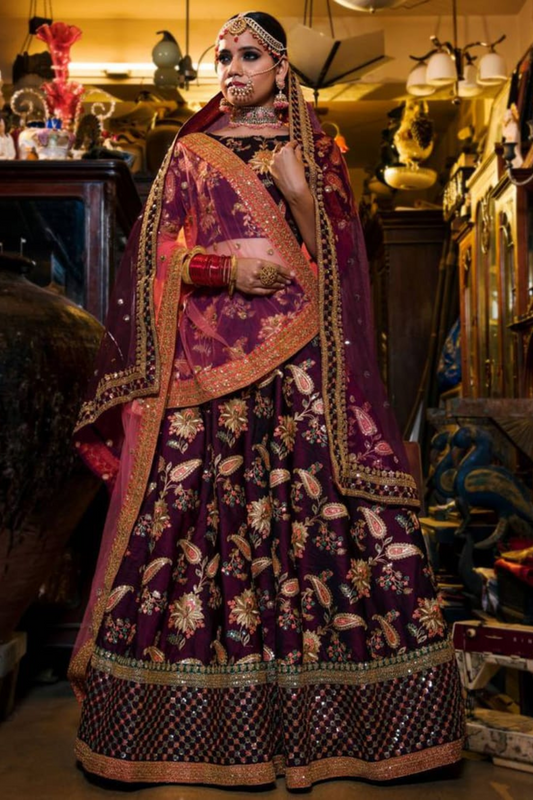 purple dori sequins and thread embroidered taffeta silk designer lehenga for wedding
