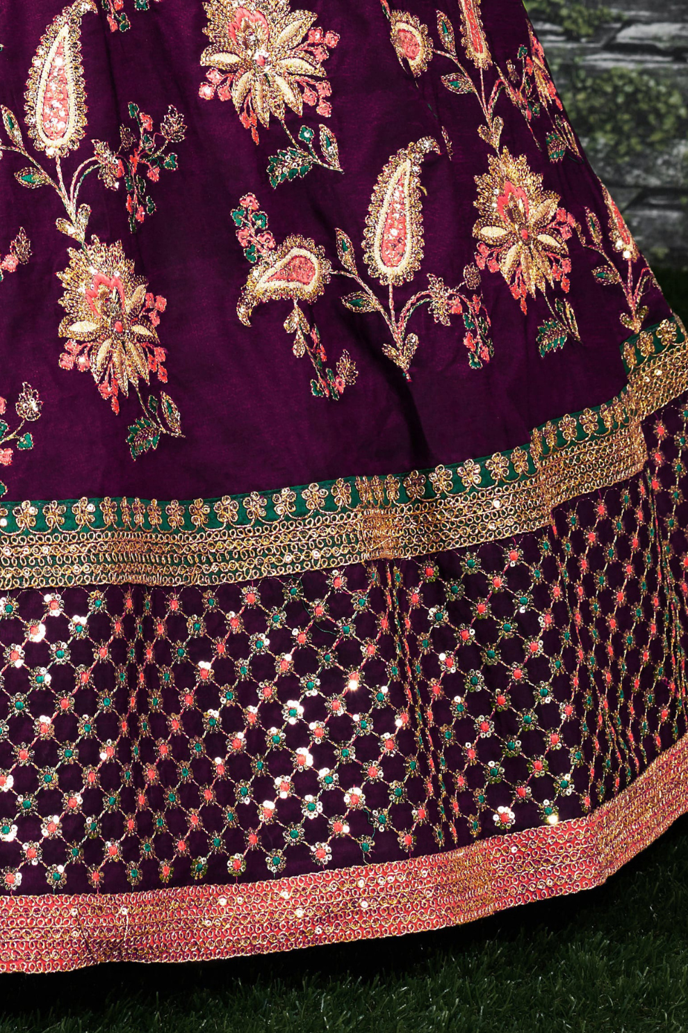 purple dori sequins and thread embroidered taffeta silk designer lehenga for wedding