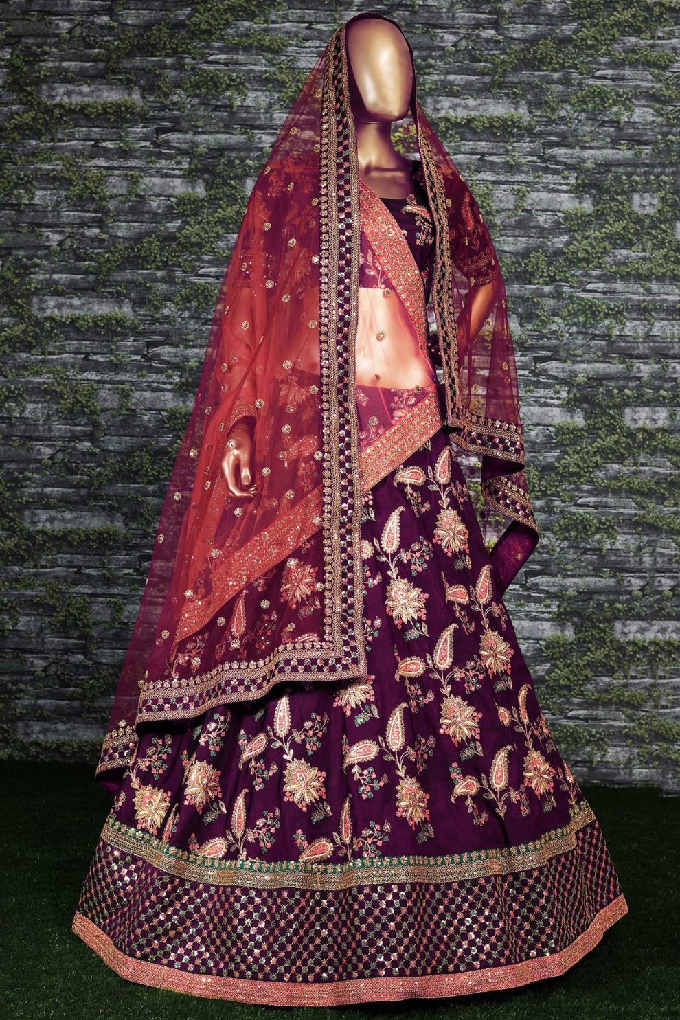 purple dori sequins and thread embroidered taffeta silk designer lehenga for wedding