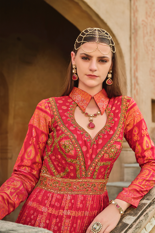 Opulent Rust Red Silk Gown With Foil Print And Handcrafted