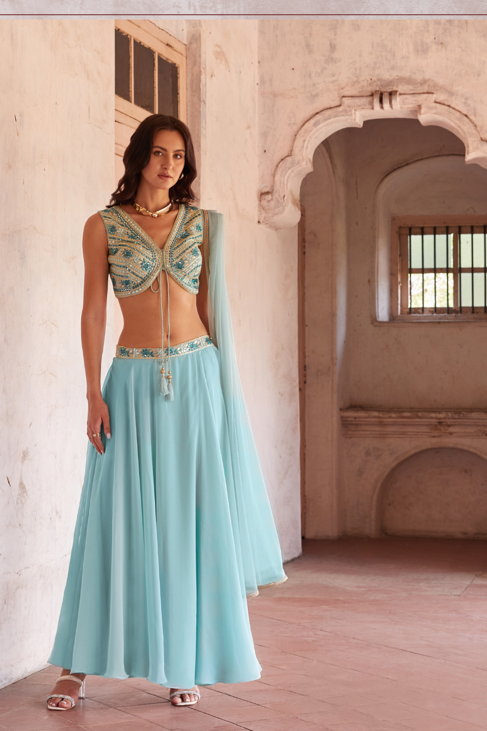 Georgette Minimal Hand Embellished Choli and Sky Blue Lehenga Set